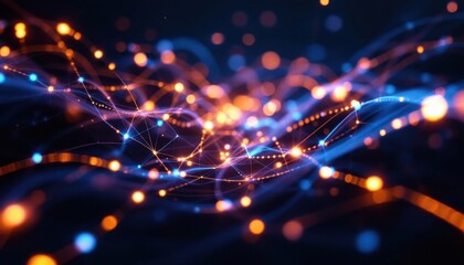 Abstract neon light network with blue and orange nodes on dark background