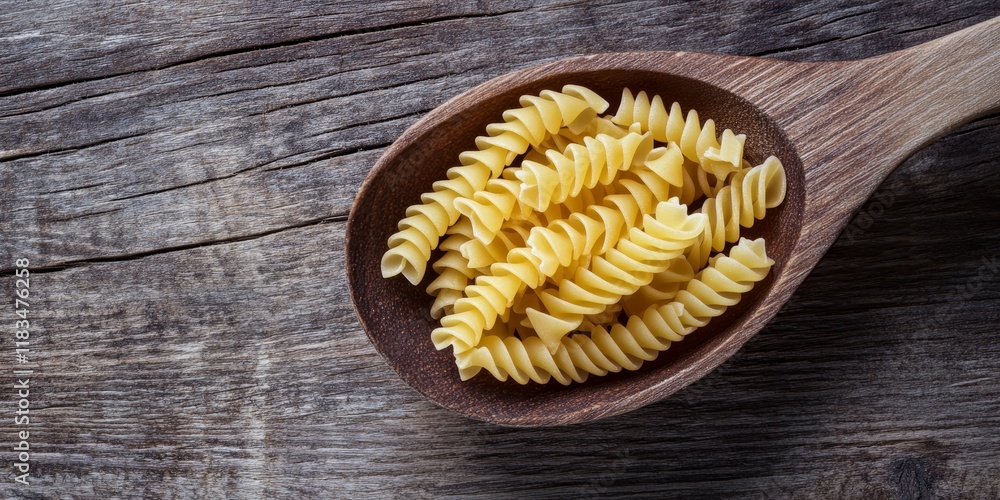 Poster close up of uncooked pasta in a wooden spoon, elegantly displayed on a rustic wooden surface, highli