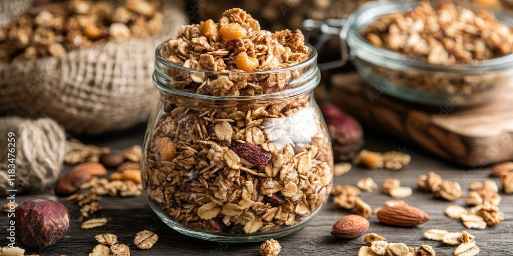 Poster homemade granola in a glass jar displayed on a rustic wooden table offers a delightful and healthy b