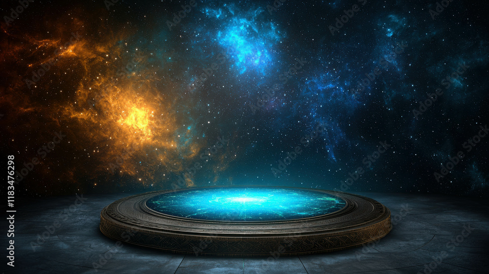 Poster cosmic observatory floating in deep space with stunning nebula background