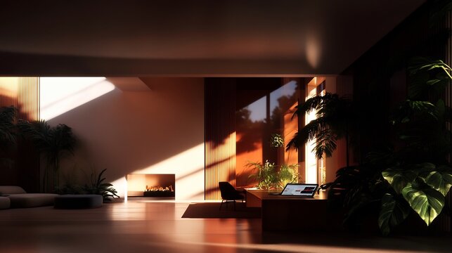 Sunlit Modern Interior Design: A Serene Workspace with Tropical Plants