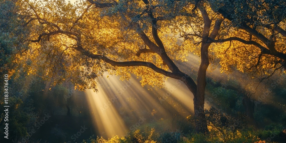 Aufkleber Sunlight rays filter through tree branches, creating a beautiful play of light among the trees. The trees are illuminated by the warm rays of sunlight, enhancing the natural beauty of the scene.