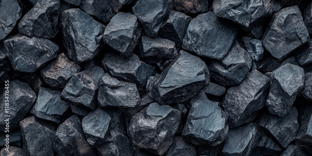 Poster large pieces of black coal arranged in a pile create a striking background. the texture of the black