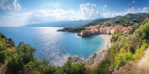 Obraz premium Panorama of a picturesque coastline featuring a scenic view in the south of France. This stunning panorama captures the beauty of the landscape around a charming village by the sea.