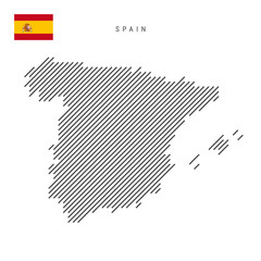 Spain map from pattern of black slanted parallel lines. Spanish map with gray diagonal lines. Silhouette of a country made of oblique hatching. Vector illustration isolated on white.