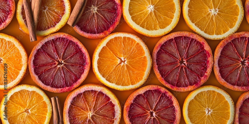 Poster vibrant orange and red citrus circle slices garnished with cinnamon create a stunning visual. these 
