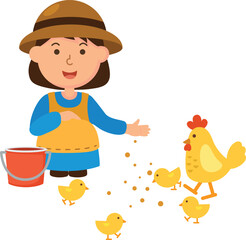 Kid Farm Girl Feeding Chicken