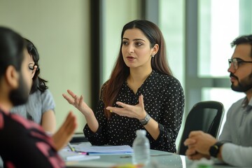 A middle eastern woman explains a new strategy to her colleagues during a presentation at a startup office
