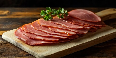 Homemade Canadian bacon slices displayed on a pale wood cutting board, showcasing the deliciousness of Canadian bacon in a rustic kitchen setting for culinary enthusiasts.