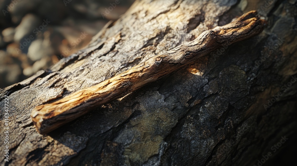 Fototapete Nature background featuring a sawn twig resting on a tree trunk, showcasing the intricate details of the twig against the natural backdrop of the tree trunk in this tranquil scene.