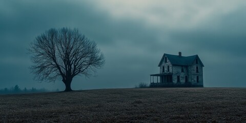 Naklejka premium Mysterious haunted house looms over an empty field, capturing the eerie essence of a haunted house that intrigues and unsettles those who dare to approach it in the stillness of solitude.