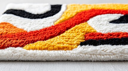 Close-up of a colorful, textured bath mat with wavy, abstract design in orange, yellow, black, and white.
