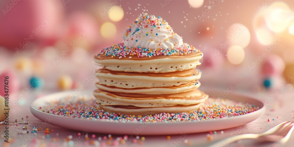Poster Sugar sprinkles cascade over a delightful stack of pancakes, creating a whimsical scene. Enjoy the sweet charm of sugar sprinkles as they add a special touch to your pancake presentation.