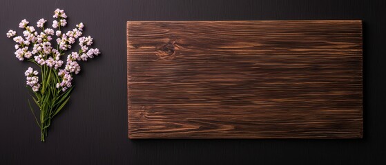 A rustic wooden board beside delicate flowers on a dark background, perfect for culinary or decorative themes.