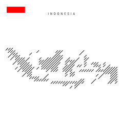 Indonesia map from pattern of black slanted parallel lines. Indonesian map with gray diagonal lines. Silhouette of a country made of oblique hatching. Vector illustration isolated on white.