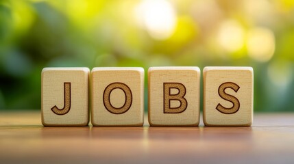 Wooden Blocks Spelling Jobs on Table with Blurred Green Background.