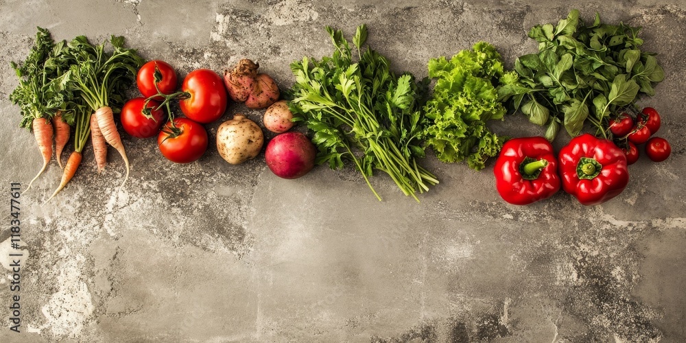 Poster Fresh vegetables arranged on a stone background create a vibrant display. This top view showcases the fresh vegetables beautifully against the stone background texture.