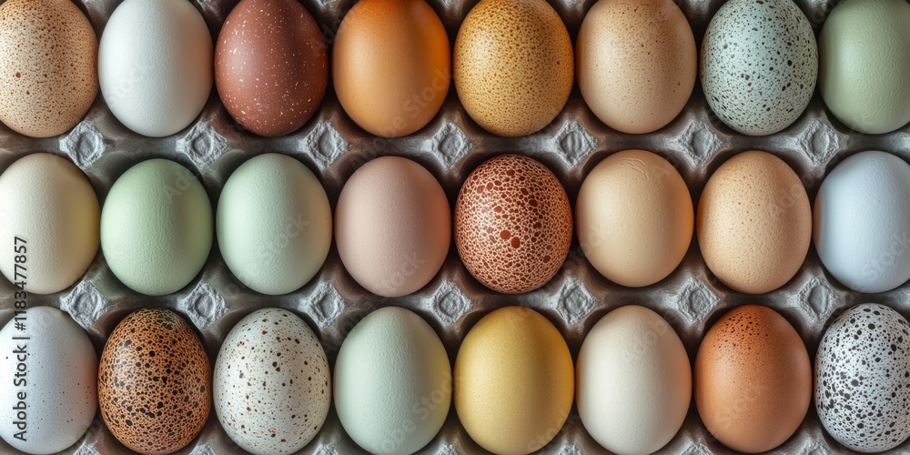 Poster Close up of chicken eggs arranged in containers, showcasing the natural textures and colors of chicken eggs in a detailed view that highlights the uniqueness of each chicken egg.