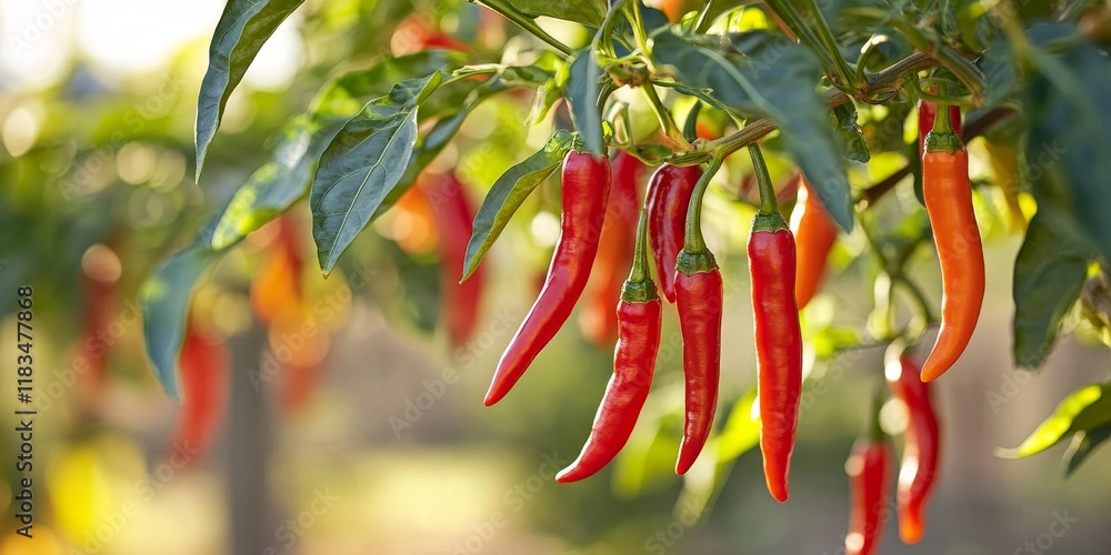 Poster vibrant red and orange cayenne peppers hang from the branches of a tree, showcasing the beauty of fr