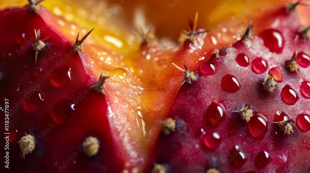 Poster closeup of an opened prickly pear reveals its vibrant interior, showcasing the unique texture and co