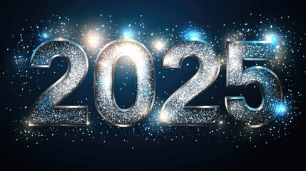 Stunning 3D Silver &ldquo;2025&rdquo; with Glitter on Dark Blue: Ideal Vector for New Year Greetings, Banners in Ultra-High Def, Stock Style.
