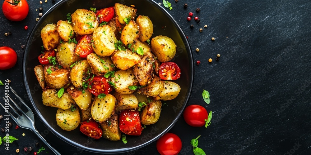 Poster delicious top view of fried potatoes with seasonings and vibrant red tomatoes on a dark background. 