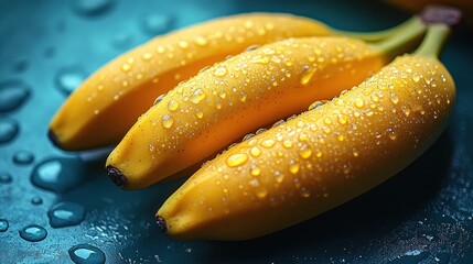 Three ripe yellow bananas with water droplets on teal background.