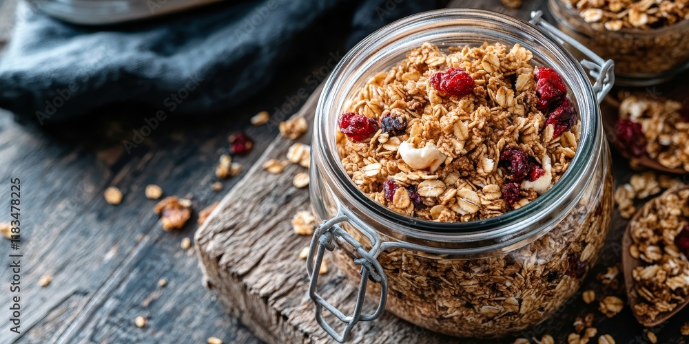 Poster homemade granola in a glass jar displayed on a rustic wooden table offers a delightful and healthy b