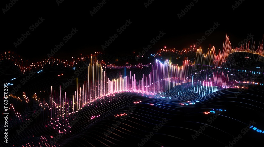 Poster dynamic 3d-rendered stock market chart with vibrant candlestick patterns and glowing highlights on a