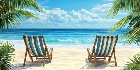 Two beach chairs set against a tropical backdrop, perfect for a relaxing vacation by the sea. Experience the ultimate tropical sea vacation with these inviting beach chairs.