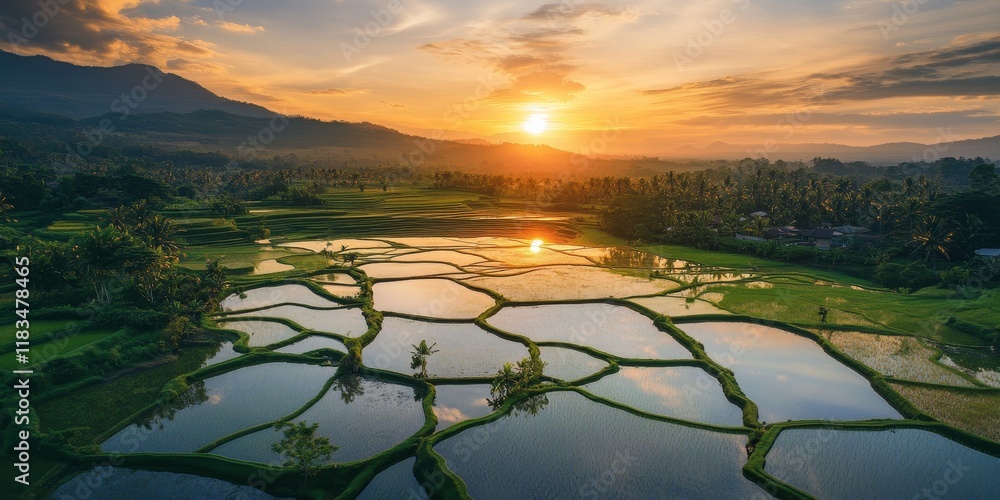 Aufkleber stunning aerial view of a beautiful sunset over vibrant rice paddy fields captured by a drone, showc