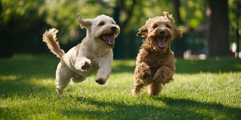 Two playful dogs enjoy their time together in a vibrant outdoor dog park, showcasing their friendly nature as they romp and leap in the lush green surroundings of the dog park.