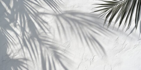 Shadow of palm leaves cast on a textured white background, creating a striking visual effect. The palm leaves shadow enhances the simplicity of the white background beautifully.