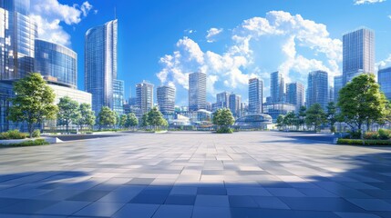 Dynamic city square with clean paving and a skyline of cutting-edge modern buildings under a clear blue sky.