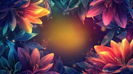 Dynamic floral frame with vibrant hues and a holographic glow, highlighting a blank yellow center for promotional and creative purposes.