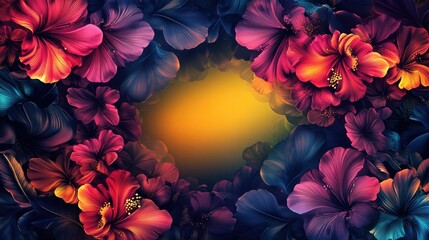 Dynamic floral frame with vibrant hues and a holographic glow, highlighting a blank yellow center for promotional and creative purposes.