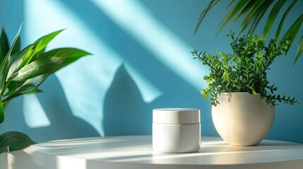 Elegant display of a moisturizer jar on a light-colored table, with a bold blue background adding freshness to the composition.