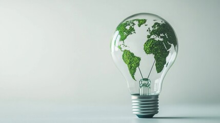Lightbulb with green world map symbolizing eco-friendly energy on white background