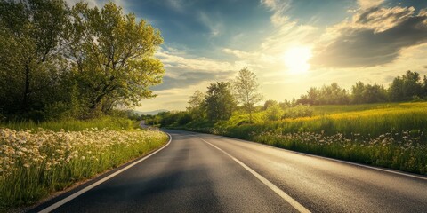 Scenic countryside road during springtime showcasing vibrant nature and blooming flowers a picturesque countryside road perfect for peaceful drives and exploring the beauty of spring.