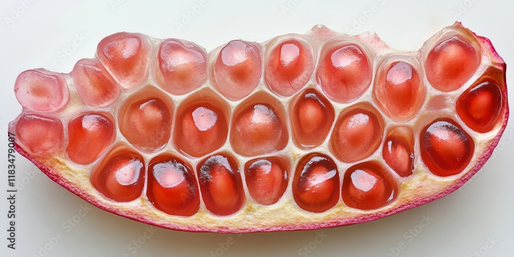 Poster dissected pomegranate reveals light pink seeds resembling a honeycomb pattern, showcasing the unique