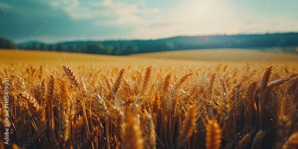 Poster ripe cereal field captured with selective focus, showcasing the abundant grains and the lush landsca