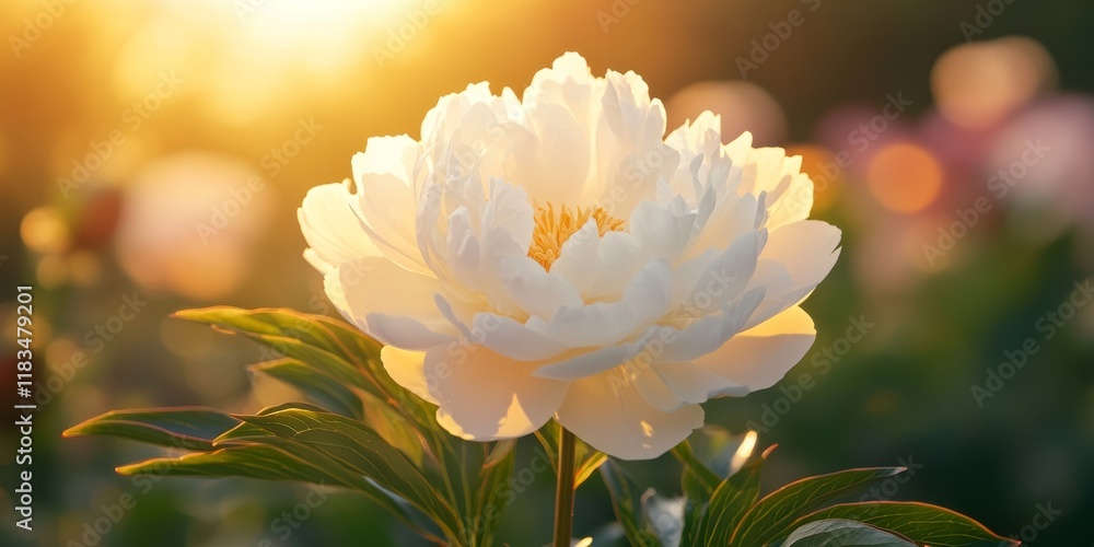 Poster tree like peony showcasing a tree shaped white peony in a home garden, with petals close up at sunse