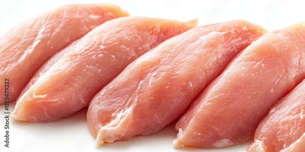 Poster Close up view of raw chicken fillets displayed on a white surface, highlighting the texture and freshness of raw chicken fillets in an appealing manner for culinary presentations.