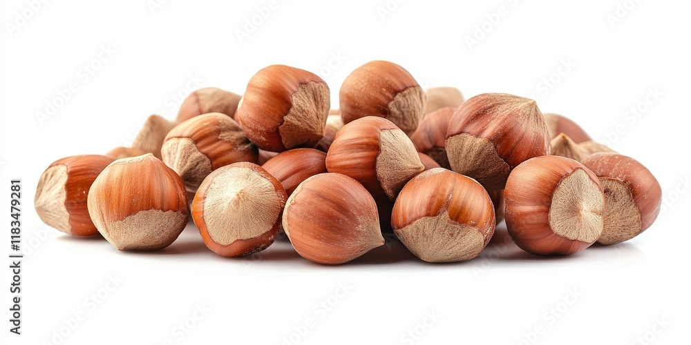 Poster close up of hazelnuts isolated on a white background, showcasing the rich texture and color of hazel
