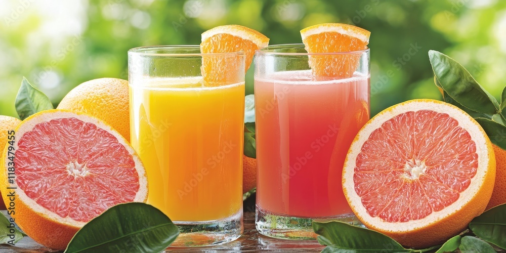 Poster refreshing orange and grapefruit juices offer a vibrant blend of citrus fruits. enjoying these juice