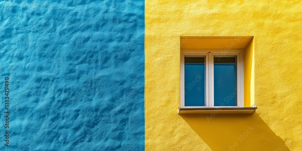 Poster fragment of vibrant yellow and blue walls showcasing an interesting architectural detail, emphasizin