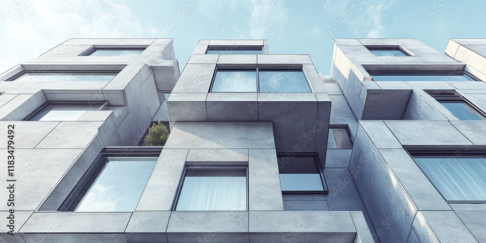 Fototapete Sculptural facade showcasing a residential building adorned with projecting bay windows. This modern architecture exemplifies unique elements of architecture that enhance its aesthetic appeal.