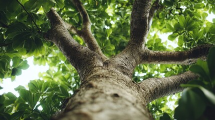 Fototapeta premium Lush green tree with thick trunk on white background.