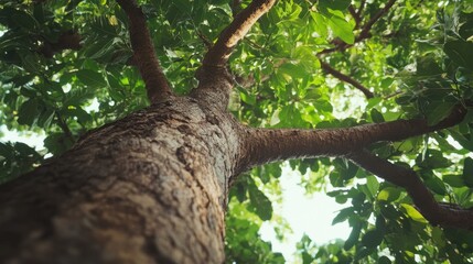 Tree in the forest, park, and woods with green leaves and branches under the clear sky