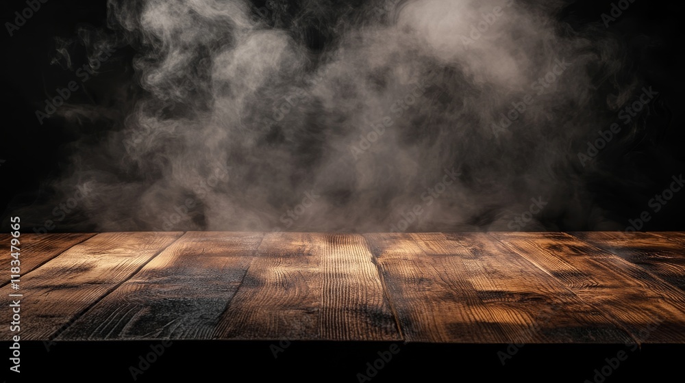 Aufkleber Empty wooden table with smoke rising in a dark background, creating the perfect empty space for showcasing your products and emphasizing their unique features in a striking setting.